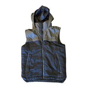 REI Co-op branded hooded puffer vest in black & gray in size mens medium